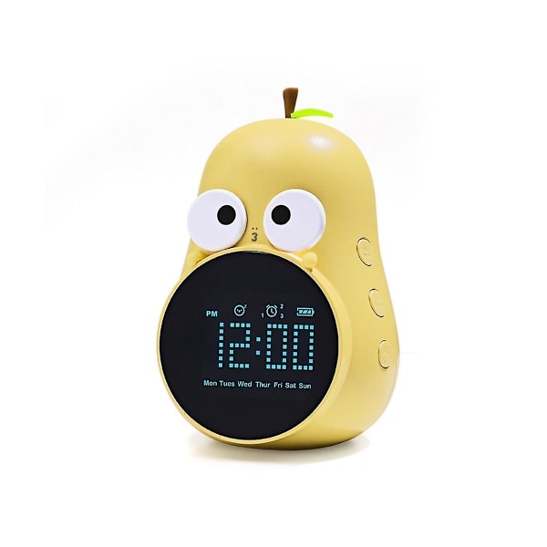 Barnevekkerklokke Søt pæredesign, snooze, trippelalarm, 5 ringetoner - Digital Wake Up Clock Re Yellow