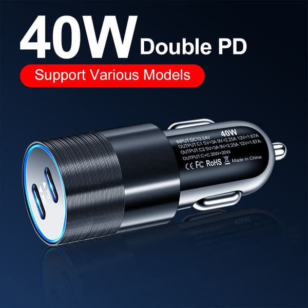 40W USB-C Snabbladdare för Bil 2 Portar Adapter Dubbel Typ C SILVER silver