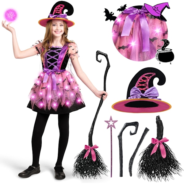 Lysende hekse kostyme for jenter halloween kostyme sett Medium (8-10 yrs)