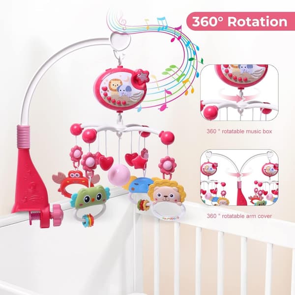 Crib Music Box with Timer Function, Projector and Lights, Hanging Rotating Rattle and Remote Control, 400 Melodies, Newborn Toy Red