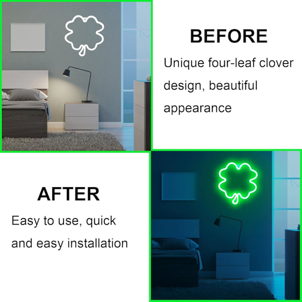 LED Fyrbladklöver Fönsterlampa USB-driven Grön Irländsk Shamrock LED Neon Skylt för Fönster Vägg Sovrum Inomhus Utomhus (Fyrblad) Four Leaf