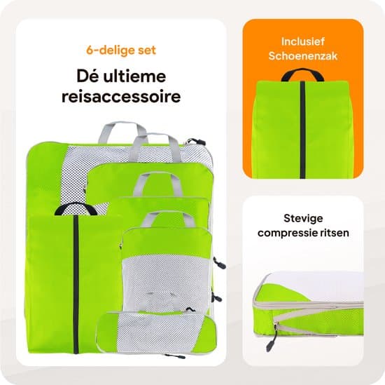 Komprimeringspackväskor 6-pack, 60 % platsbesparande reseorganisatör med skopåse, lätt ripstop-polyester, grön