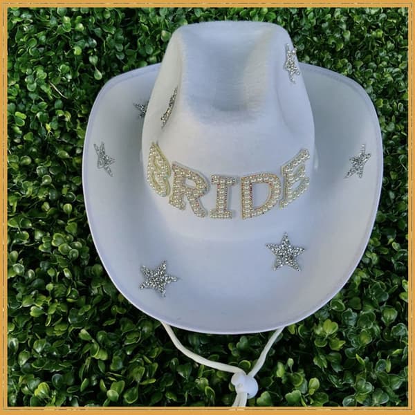 Cowboyhatt Brev Diamanthatt VIT BRUD Hvit White BRIDE-BRIDE