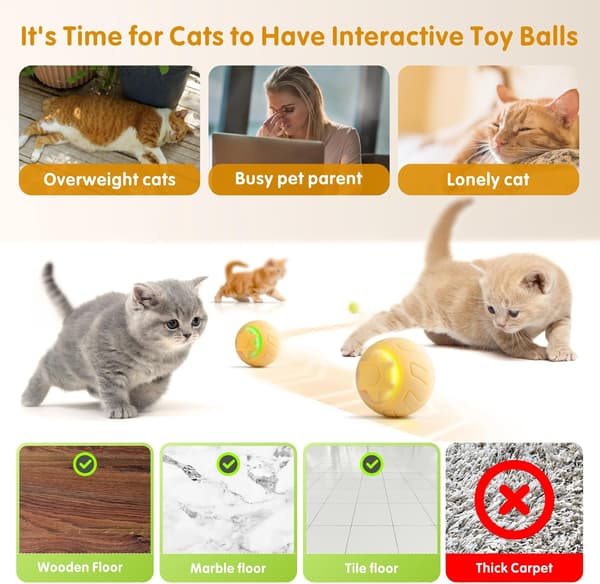 Interactive Cat Toy Ball, Automatic Rolling Cat Toys for Indoor Cat Kitten, with 2 Modes, LED Lights Replaceable, Rechargeable, Yellow