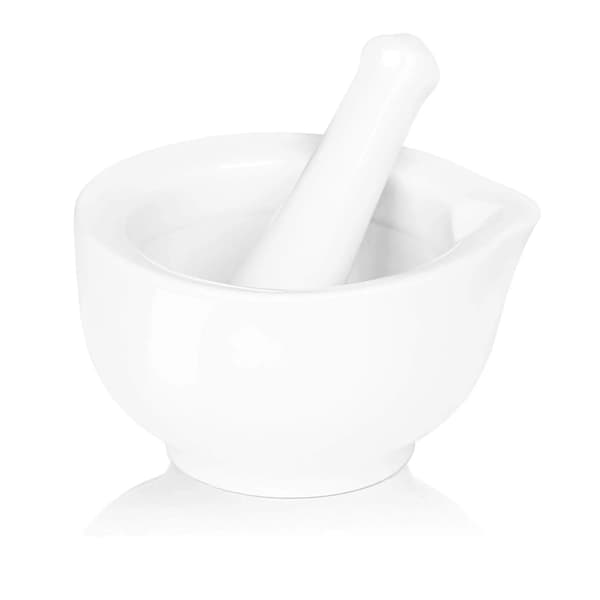Morter- og støder-sæt i porcelæn Keramisk urtekværn og pilleknuser til køkken- og apoteksbrug Hvid 3,3 tommer
