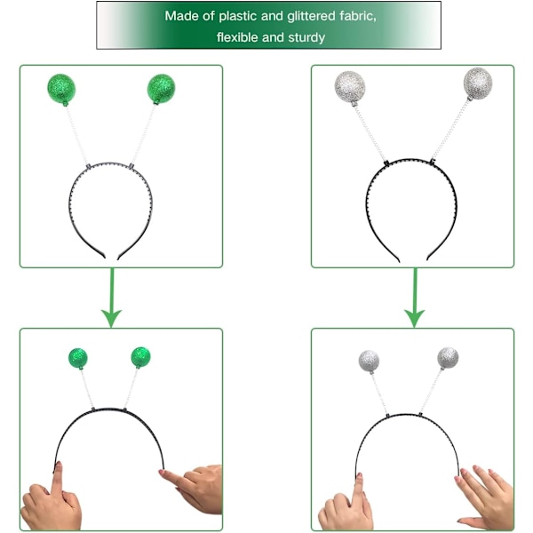 4 stk. Alien Hodebånd og Briller, Alien Regnbue Linse Solbriller, Alien Kostyme Hodebånd Boppers Antenne for Voksne Green+silver