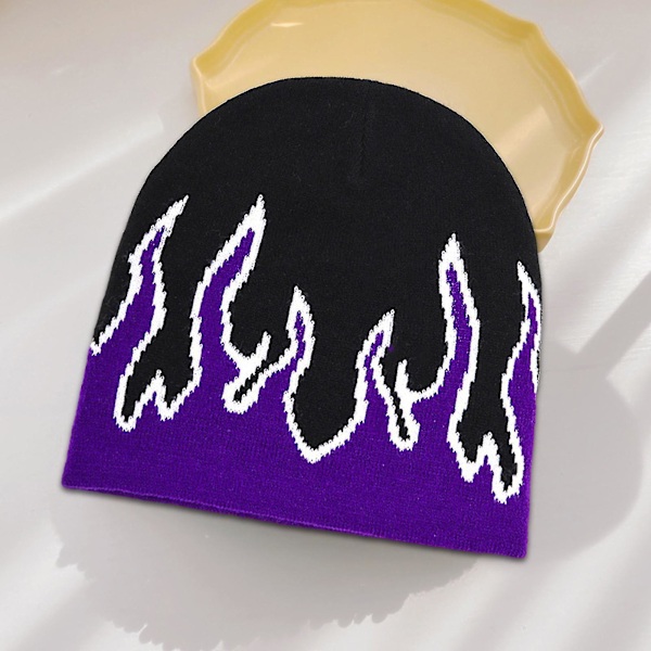 Tjocka Varma Öronmuffar Beaniehatt Män Vinter Flamma Tryckt Ridning Stickad Hatt Kostymtillbehör Röd Purple