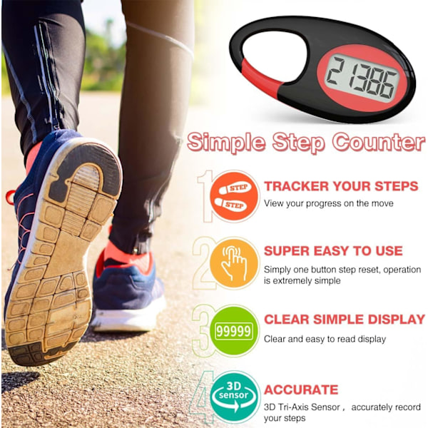Enkel 3D-stegräknare, pedometer, stegmätare med halsrem/karbinhake för män, kvinnor, tonåringar, vuxna, seniorer, svart-röd