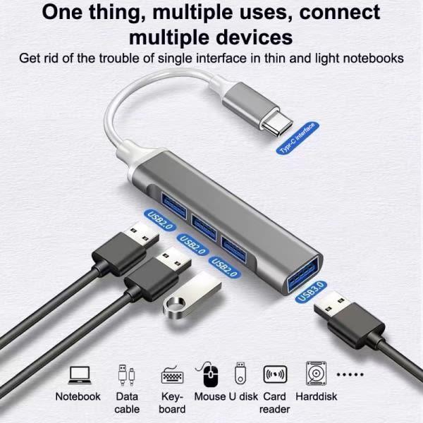 Mini USB-C-hubbadapter Multi Splitter 4-i-1 UltraSlim Super Silver USB