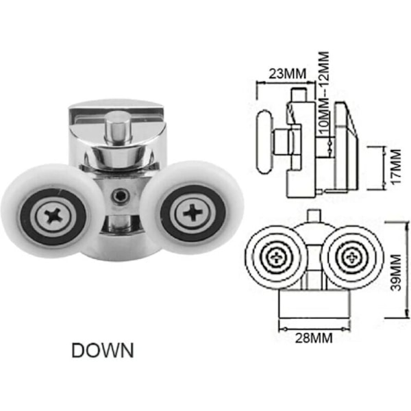 Sett med 4 doble hjul - For skyvedusjdører, 2 hjul 23 mm diameter sinklegering baderom