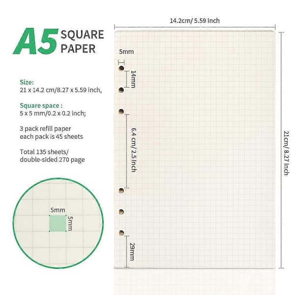 A5 3-pack 5 mm Rutat Papper, 6-Håls Övningspapper