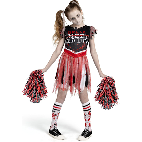 Tyttöjen pelottava verinen cheerleader-asu, zombiecheerleader-asu Halloween-naamiaisiin Svart-röd Small (5-7 yrs)