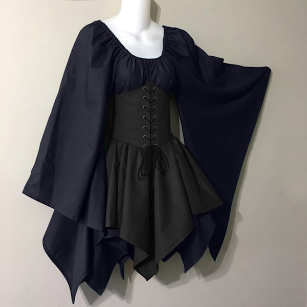 Sort gotisk kjole sommer middelalder renæssance kostume navy + sort XL