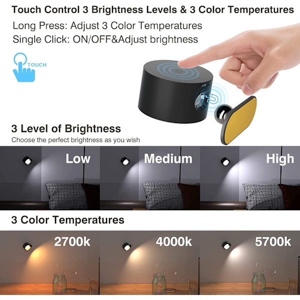 Vegglampe LED Vegglampe Oppladbar Batteri Vegglampe med 3 Fargemoduser 3 Lysstyrkenivåer, 360° Roterende Magnetisk Kule Berøringskontroll, Innendørs W Black