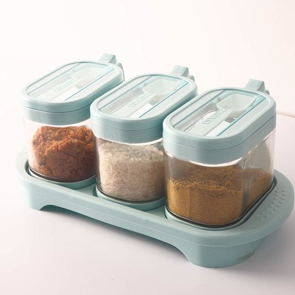 (Blå färg) 3-pack kryddburkar i transparent glas med bricka