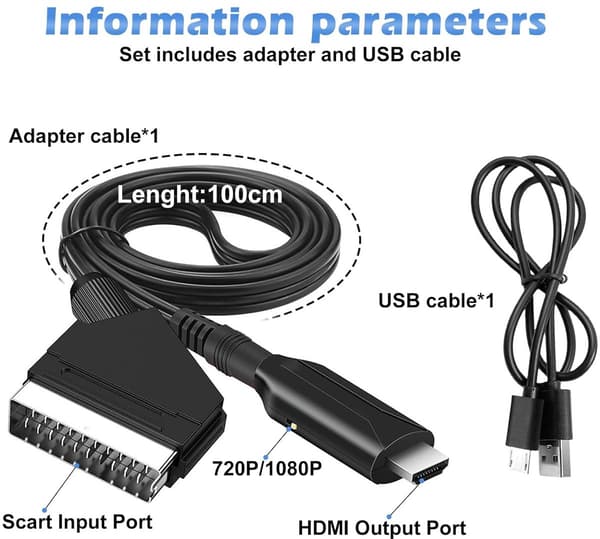 SCART–HDMI-sovitin – virtajohdolla – Plug & Play -muunnin – Full HD 1080P/720P