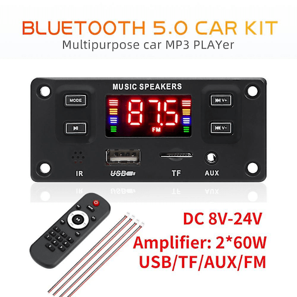 2*60W 120W Vahvistin Bluetooth 5.0 MP3 Dekooderikortti DC 12V 24V Musiikkisoitin USB LINE IN FM-radio Tallennus Handsfree Puhelutallennus