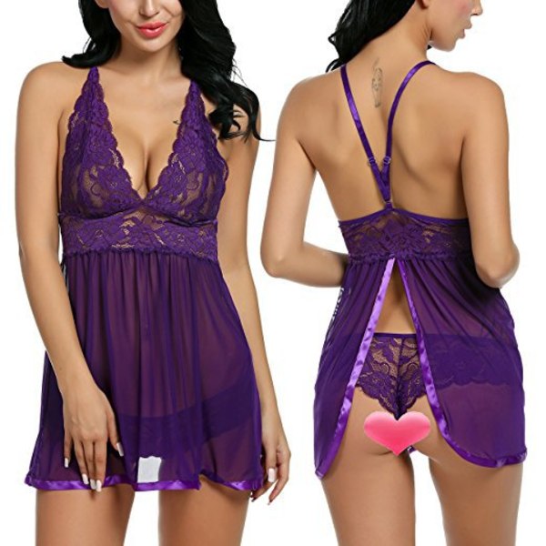 Underwear Sexy Transparent Lace Mesh Neck Negligee Valentinsdag Lilla Purple M