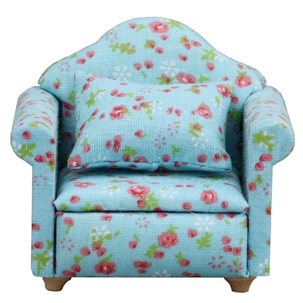 Lantlig Stil Armstol Mini Soffa Dockhus Miniatyr Soffa och Set Träsimuleringsmöbler Flickors Favoritpresent Red flower on blue background