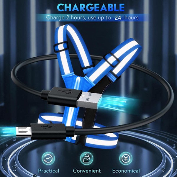 LED-Reflekterende Vest, USB Genopladelig, Justerbar Talje/Skulder - Blue
