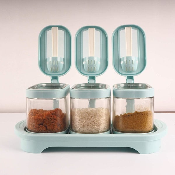 (Blå färg) 3-pack kryddburkar i transparent glas med bricka