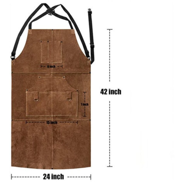 Sveiseforkle, arbeidsforkle i kvegsskinn med 6 lommer, 24\" x 36\" multifunksjonelt matlagingsforkle, justerbare stropper