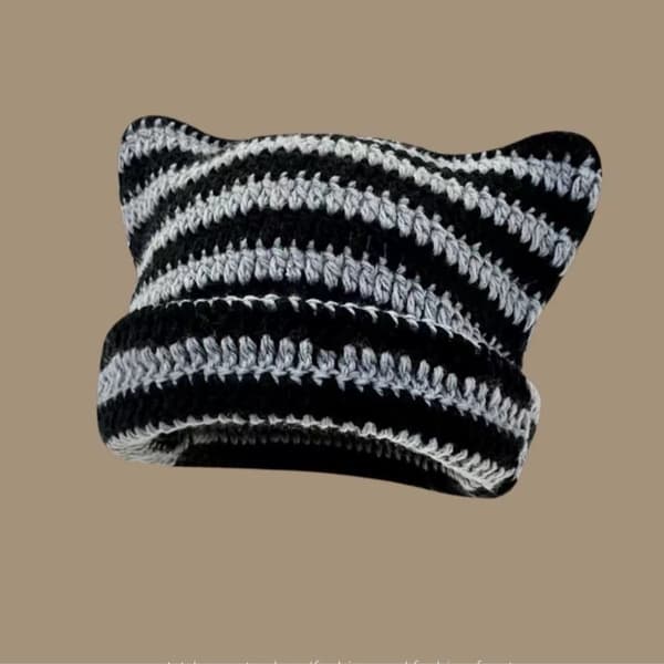 Fairy retro stickad mössa, kattmössa, randig virkad lös beanie