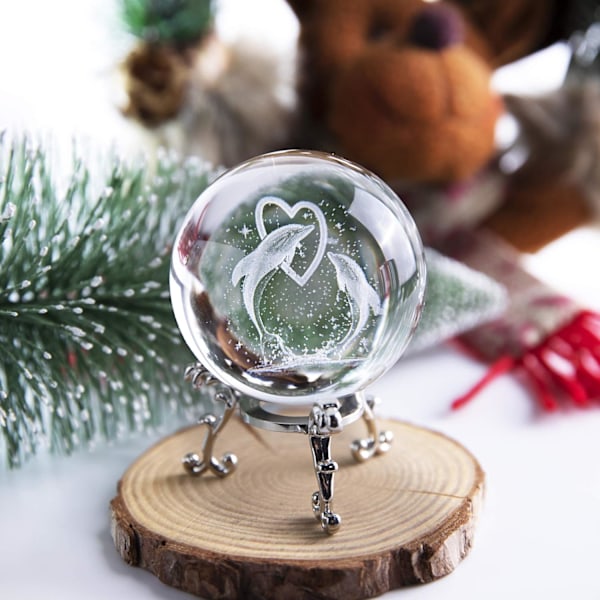 3D Delfinkristallkula med Stativ för Alla Hjärtans Dag-present, Födelsedagspresent - Dubbla Delfiner Kärlekshjärta Ornament