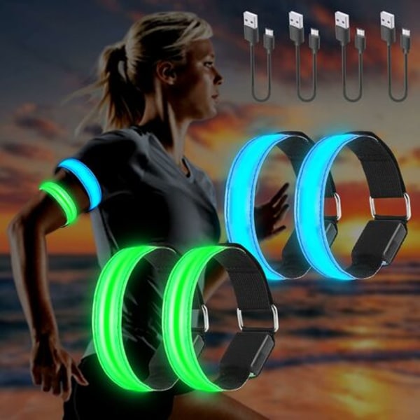 4-pack USB Laddningsbara LED-Armband, LED Löpning Reflex Armband, Justerbar Blinkande Remsa Säkerhets LED-Ljus Armband för Arm/Handled/Ankel/Ben