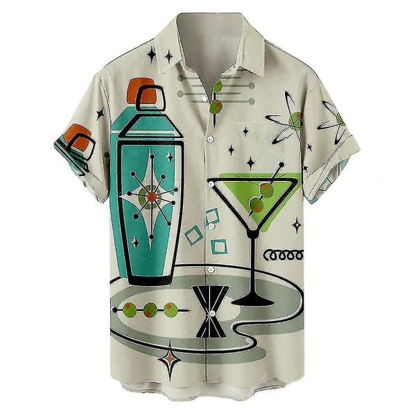 Men"S Retro Button Down Bowlingskjortor T-shirt 50-tal Rockabilly Style Summer Hawaiian Tops Cuban Camp T-Shirt Vinglas M