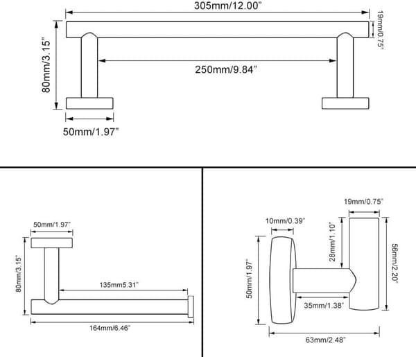 Håndklædeholder/toiletpapirholder/badeværelseskrog, sort, 3-delt sæt rustfrit stål, badeværelsestilbehør