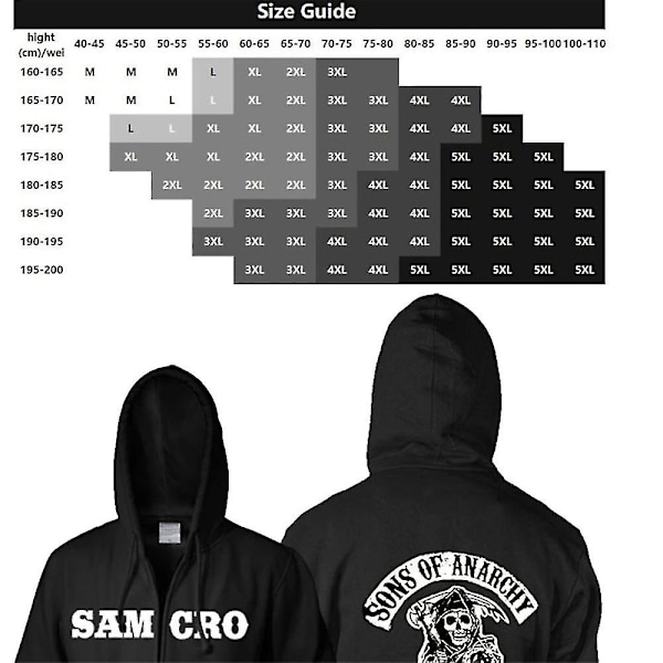 Sons of Anarchy Hoodie TV SOA Cosplay Kostyme Menn Glidelåsjakke Lærvest Rock Punk Caps Mayans MC Halloween Kostyme for Menn - En Hoodie Svart Hoodie balck XXXL