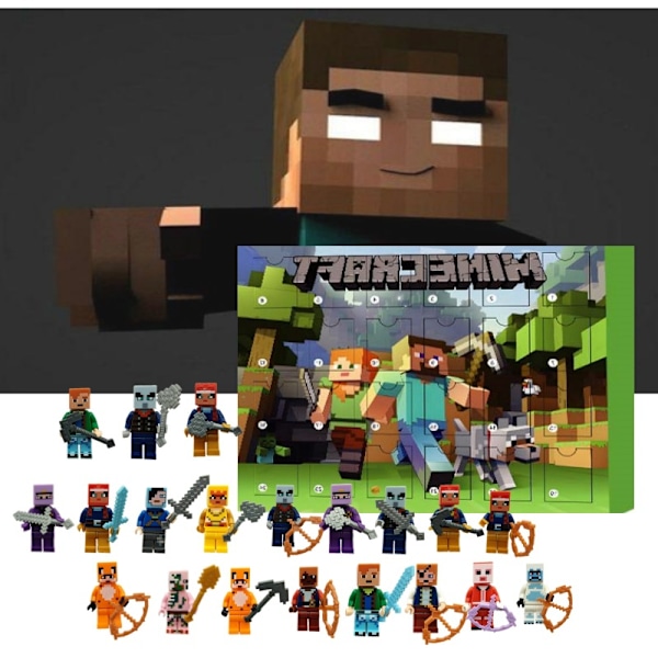 Minecraft Julkalender 2024, Byggset Actionfigurer Leksaker, 24-dagars Julnedräkning, Julgåva Boxkalender för Vuxna Barn Fans