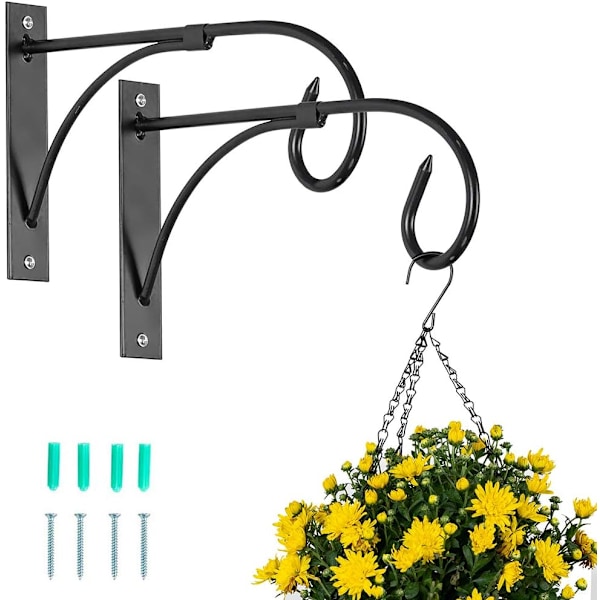 2 stk. hængende kurvbeslag udendørs plantekroge, metalhave hængende kroge væg plantebeslag til hængende planter lanterner (sort) Black