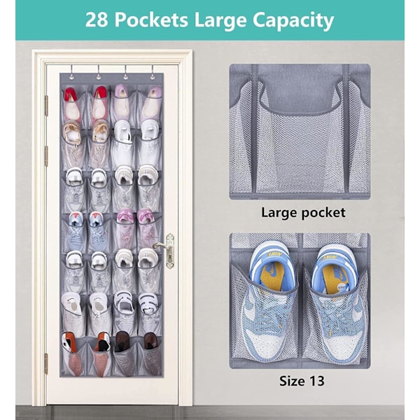 28 Store Lommer Over Dør Sko Oppbevaring Organizer Garderobe Sko Stativ Nett Hengende Oppbevaring Sko Henger Holder Organizer Grey