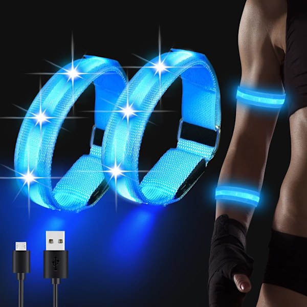 LED-armband, LED-ljusarmband, LED-armband, 3 belysningslägen, ljusa sportarmbandsljus lämpliga för jogging, fest, konserter, fest 2PZ-Blå-Uppladdningsbar