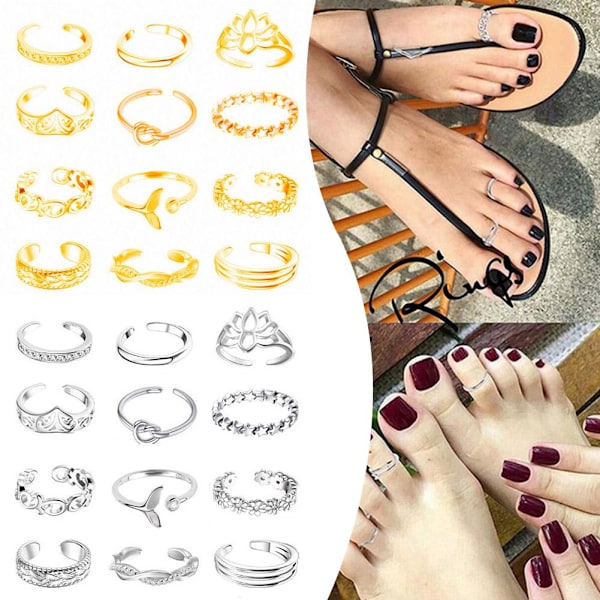 Naisten varvassormus nivelletty sormussetti retro boho jalkasormus koru Silver One size