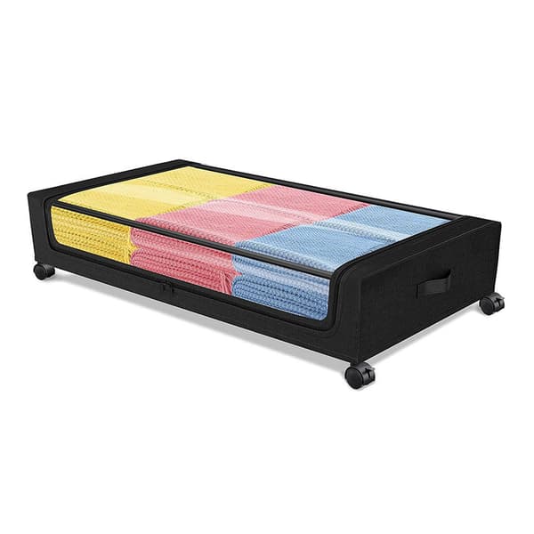 1 pc Under Bed Storage Bins with Wheels, Large Capacity Fabric Organizer with Clear Lid & Handles, Multi-Compartment Design for Organization black black