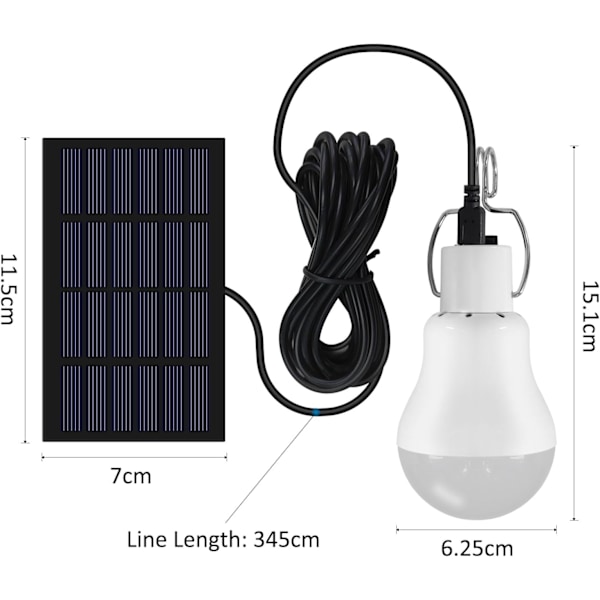 3W Solarlampe for Utendørsbruk med 3,45M Kabel, Portabel Solarlampe med Solpanel, Oppladbar Solarlykt for Fiske, Telt, Vandring, 2 Sett