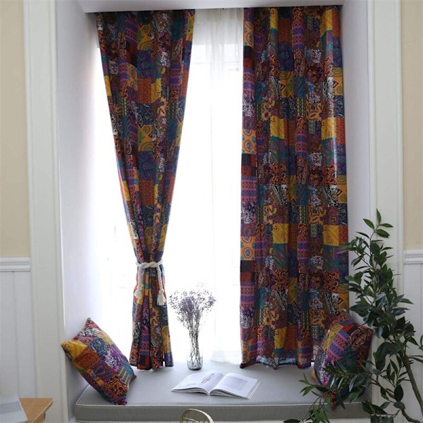 Boheme Retro Gardin Etnisk Stil Bomuld Linned Tynd Vindue Dekorativ Boho Trykt Gardin Soveværelse Klar Til At Hænges Gardin Krog Hook W140CMxH180CM 1PC