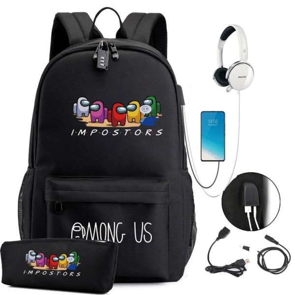 Among Us Ryggsäck Barn Ryggsäckar Skolväska med USB-laddningsport 1 st Svart S svart små 4