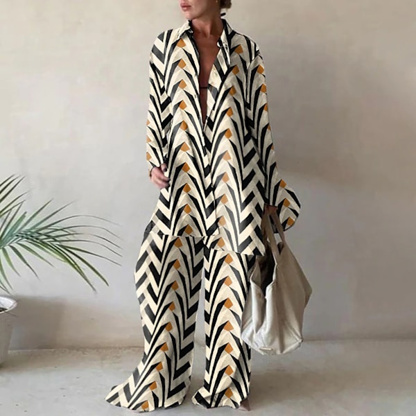 Tvådelat set för damer med långärmad topp och lösa byxor för vardagsbruk på jobbet, leopardmönster leopard print xl