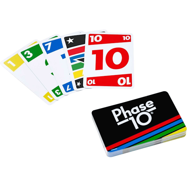 Mattel Games Phase 10 kortspel, sekvenser liknande rummy, innehåller 108 kort, för hemmet.