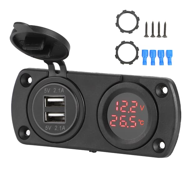 Temperatur Voltmeter Oplader Bil Dobbelt USB 12V Strømudtag Cigarettænderudtag Rød