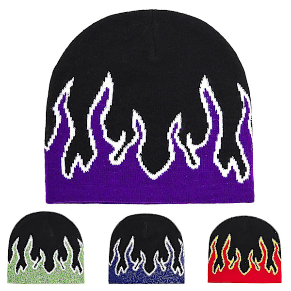 Tjocka Varma Öronmuffar Beaniehatt Män Vinter Flamma Tryckt Ridning Stickad Hatt Kostymtillbehör Röd Purple