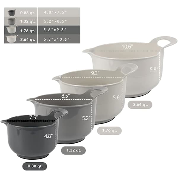 Paris 4-pack Stackable Mixing Bowls with Spout and Handle, BPA-Free Microwave and Dishwasher Safe (Grey, 4-pack with Handle)