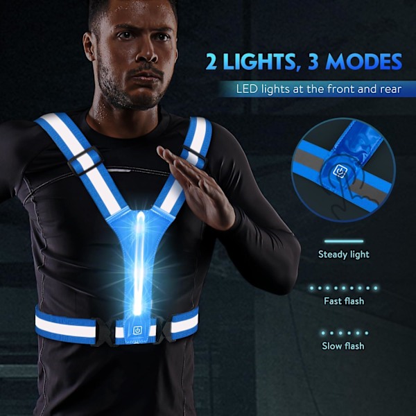 LED refleksvest, USB-ladbare, justerbar midje/skulder - Blue