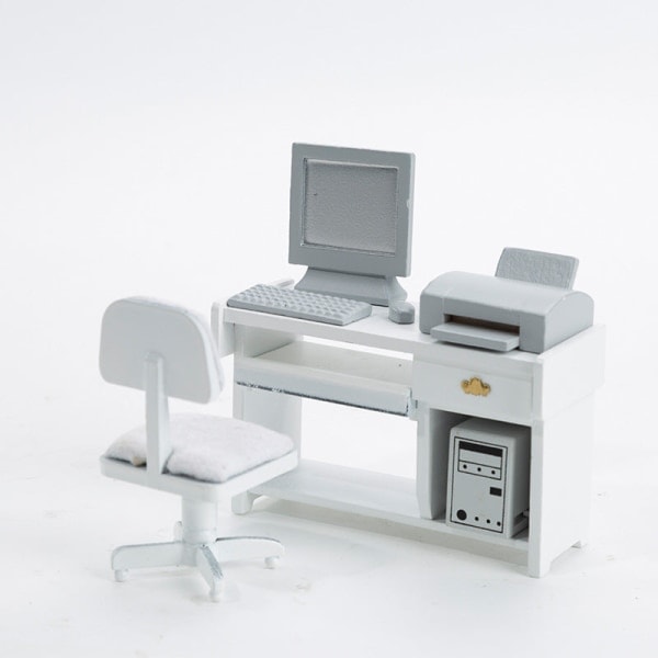 Miniatyr Møbler Tiny Small Scale Leke Dukkehjem DIY Dekorer Mini 1:12 Dataskrivebord og Stol Kontor Hvit