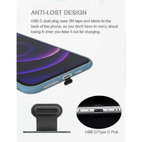 2 kpl Pölysuoja, Yhteensopiva puhelimen, USB C/tyyppi C -liitännän kanssa, Pölytiivis suojatulppa, USB C -latausportin pölysuoja
