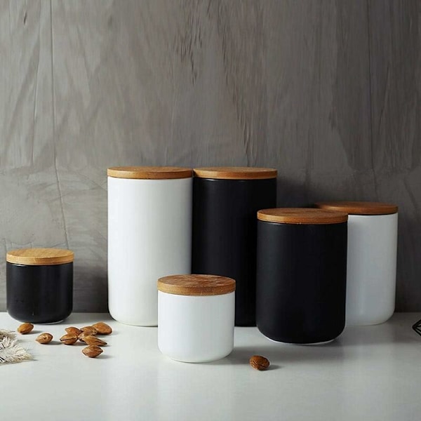 Keramisk opbevaringskrukke med trælåg - Bærbar og lufttæt - til te, sukker, kaffebønner, nødder, te - Sort (800 ml)